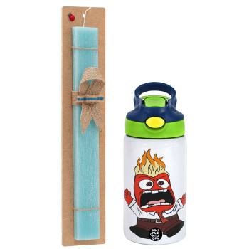 Inside Out Angry, Easter Set, Children's thermal stainless steel bottle with safety straw, green/blue (350ml) & aromatic flat Easter candle (30cm) (TURQUOISE)