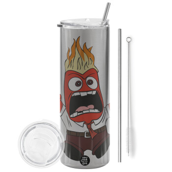 Inside Out Angry, Tumbler stainless steel Silver 600ml, with metal straw & cleaning brush