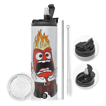 Inside Out Angry, Travel Tumbler 2 Lids, with metal straw & cleaning brush (Stainless steel 304 Food grade, BPA free, 600ml)