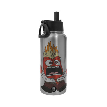 Inside Out Angry, Metal mug thermo Silver with Straw and Spout Lid (Stainless steel), double wall, 950ml