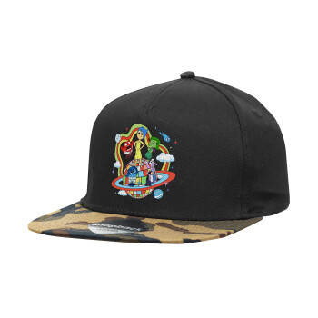 Inside Out, Adult Flat Snapback Hat Black/Camouflage, (100% COTTON TWILL, ADULT, UNISEX, ONE SIZE)