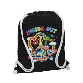 Inside Out, Τσάντα πλάτης πουγκί GYMBAG Μαύρη, με τσέπη (40x48cm) & χονδρά λευκά κορδόνια