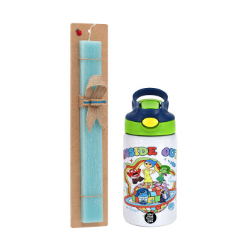 Inside Out, Easter Set, Children's thermal stainless steel bottle with safety straw, green/blue (350ml) & aromatic flat Easter candle (30cm) (TURQUOISE)