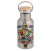 Stainless steel metallic thermos flask, silver with a bamboo lid, double-walled, 350ml.