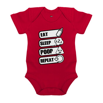 Eat, Sleep, Poop, Repeat, Βρεφικό φορμάκι μωρού, ΚΟΚΚΙΝΟ, 100% Organic Cotton, κοντομάνικο