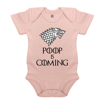 POOP Is Coming, Βρεφικό φορμάκι μωρού, 0-18 μηνών, ΡΟΖ POWDER, 100% Organic Cotton, κοντομάνικο