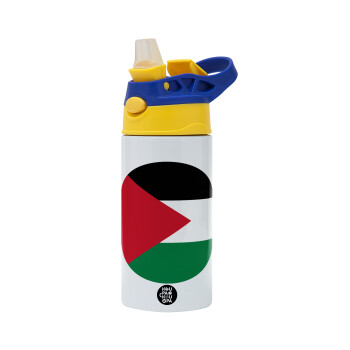 Palestine Flag, Children's hot water bottle, stainless steel, with safety straw, green, blue (360ml) BPA FREE