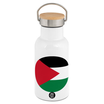 Palestine Flag, Metallic thermos (Stainless steel) White with wooden lid (bamboo), double-walled, 350ml