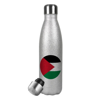 Palestine Flag, Metallic Glitter Silver Thermos Flask (Stainless steel), double-walled, 500ml