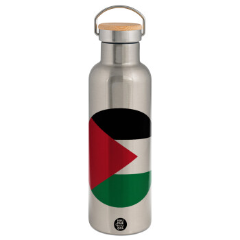 Palestine Flag, Stainless steel Silver with wooden lid (bamboo), double wall, 750ml