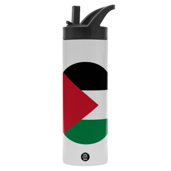 Palestine Flag, Metallic thermos bottle with straw & handle, stainless steel (Stainless steel 304), double-walled, 600ml.