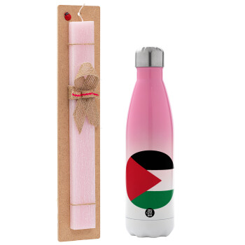 Palestine Flag, Easter Set, Metallic pink/white (Stainless steel) thermos, double-walled, 500ml & aromatic flat Easter candle (30cm) (PINK)