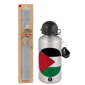 Palestine Flag, Easter Set, metallic silver aluminum water bottle (500ml) & aromatic flat Easter candle (30cm) (GRAY)