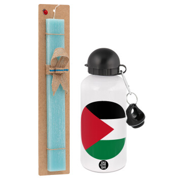 Palestine Flag, Easter Set, metallic aluminum water bottle (500ml) & scented flat candle (30cm) (TURQUOISE)