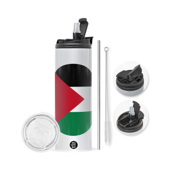 Palestine Flag, Travel Tumbler 2 Lids, with metal straw & cleaning brush (Stainless steel 304 Food grade, BPA free, 600ml)