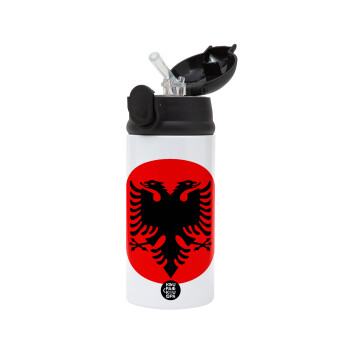 Albanian Flag, Children's hot water bottle, stainless steel, with safety straw, Black (360ml) BPA-FREE