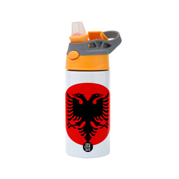 Albanian Flag, Children's hot water bottle, stainless steel, with safety straw, Orange/Grey (360ml) BPA-FREE