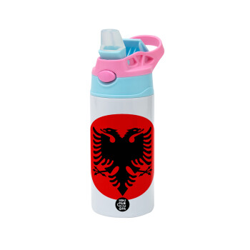 Albanian Flag, Children's hot water bottle, stainless steel, with safety straw, Pink/BlueCiel (360ml) BPA FREE