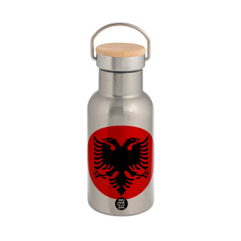 Albanian Flag, Stainless steel metallic thermos flask, silver with a bamboo lid, double-walled, 350ml.