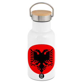 Albanian Flag, Metallic thermos (Stainless steel) White with wooden lid (bamboo), double-walled, 350ml