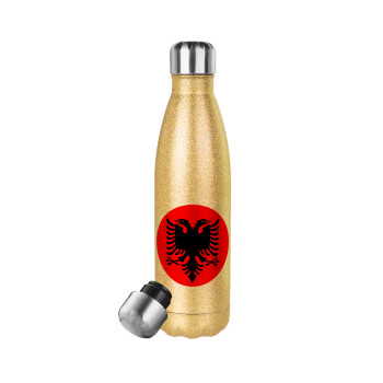 Albanian Flag, Glitter gold stainless steel thermos bottle, double-walled, 500ml