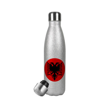 Albanian Flag, Metallic Glitter Silver Thermos Flask (Stainless steel), double-walled, 500ml