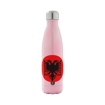 Albanian Flag, Metal mug thermos Pink Iridiscent (Stainless steel), double wall, 500ml