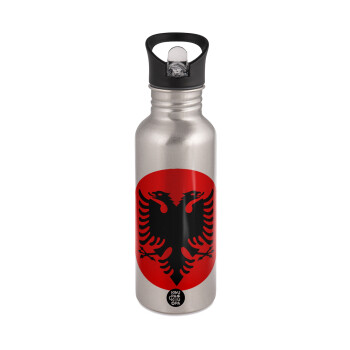 Albanian Flag, Water bottle Silver with straw, stainless steel 600ml