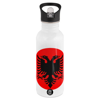 Albanian Flag, White water bottle with straw, stainless steel 600ml