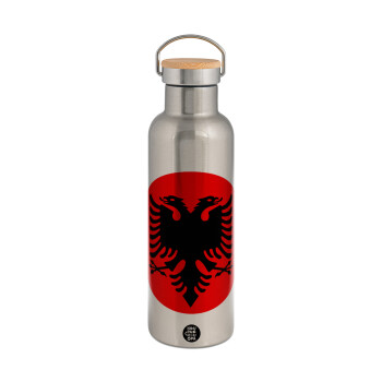 Albanian Flag, Stainless steel Silver with wooden lid (bamboo), double wall, 750ml