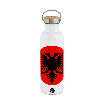 Albanian Flag, Stainless steel White with wooden lid (bamboo), double wall, 750ml