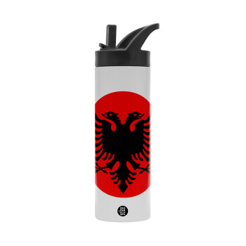 Albanian Flag, Metallic thermos bottle with straw & handle, stainless steel (Stainless steel 304), double-walled, 600ml.