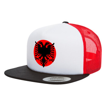 Albanian Flag, Adult Foam Flat Snapback with Mesh Black-White-Red (POLYESTER, ADULT, UNISEX, ONE SIZE)