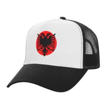 Albanian Flag, Adult Structured Trucker Hat, with Mesh, WHITE/BLACK (100% COTTON, ADULT, UNISEX, ONE SIZE)