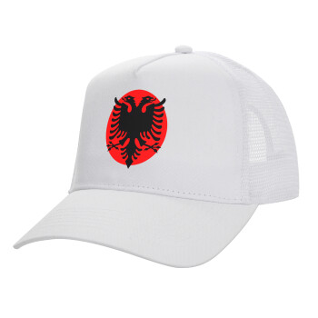 Albanian Flag, Structured Trucker Adult Hat, with Mesh, WHITE (100% COTTON, ADULT, UNISEX, ONE SIZE)