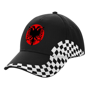 Albanian Flag, Adult Ultimate BLACK RACING Cap, (100% COTTON DRILL, ADULT, UNISEX, ONE SIZE)