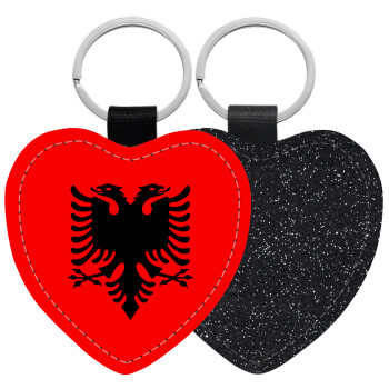 Albanian Flag, Μπρελόκ PU δερμάτινο glitter καρδιά ΜΑΥΡΟ