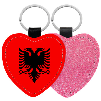 Albanian Flag, Μπρελόκ PU δερμάτινο glitter καρδιά ΡΟΖ