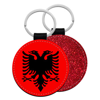 Albanian Flag, Μπρελόκ Δερματίνη, στρογγυλό ΚΟΚΚΙΝΟ (5cm)