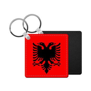 Albanian Flag, Μπρελόκ Δερματίνη, τετράγωνο ΜΑΥΡΟ (5x5cm)