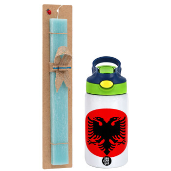 Σημαία Αλβανίας, Πασχαλινό Σετ, Παιδικό παγούρι θερμό, ανοξείδωτο, με καλαμάκι ασφαλείας, πράσινο/μπλε (350ml) & πασχαλινή λαμπάδα αρωματική πλακέ (30cm) (ΤΙΡΚΟΥΑΖ)