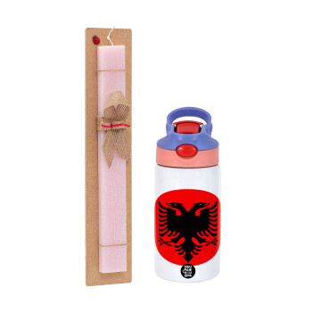 Albanian Flag, Easter Set, Children's thermal stainless steel water bottle with safety straw, pink/purple (350ml) & Easter scented flat candle (30cm) (PINK)