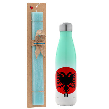 Albanian Flag, Easter Set, Metallic green/white thermos (Stainless steel), double-walled, 500ml & scented flat Easter candle (30cm) (TURQUOISE)