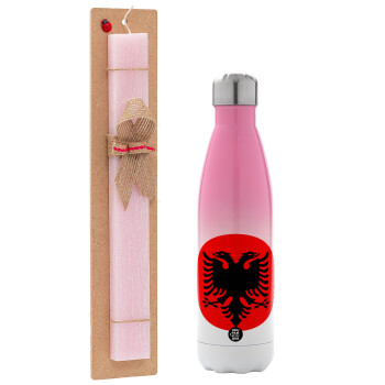 Albanian Flag, Easter Set, Metallic pink/white (Stainless steel) thermos, double-walled, 500ml & aromatic flat Easter candle (30cm) (PINK)