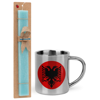 Albanian Flag, Easter Set, metallic thermal cup (300ml) & aromatic flat Easter candle (30cm) (TURQUOISE)