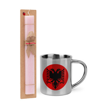 Albanian Flag, Easter Set, metallic thermal cup (300ml) & aromatic flat Easter candle (30cm) (PINK)