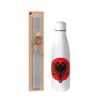 Albanian Flag, Easter Set, metallic stainless thermos bottle (500ml) & scented flat Easter candle (30cm) (GRAY)