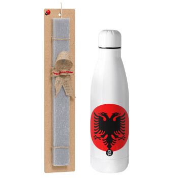 Albanian Flag, Easter Set, metallic Inox water bottle (700ml) & Easter scented flat candle (30cm) (GRAY)