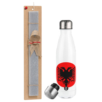 Albanian Flag, Easter candle, metallic white thermos bottle (500ml) & aromatic flat candle (30cm) (GRAY)