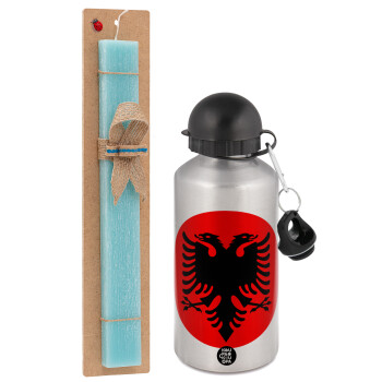 Albanian Flag, Easter Set, metallic silver aluminum water bottle (500ml) & scented flat Easter candle (30cm) (TURQUOISE)